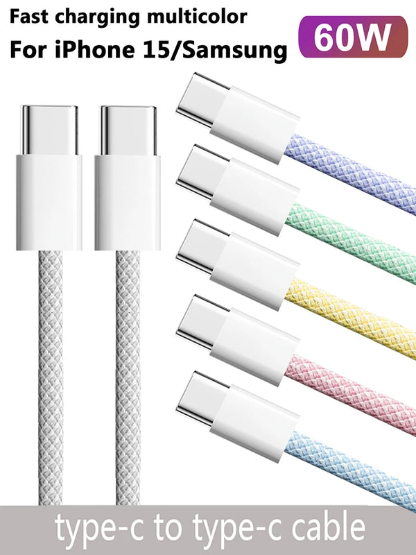 USB-C to Type C Color Cable For Apple iPhone 15 PD 60W Fast Charging For Huawei Xiaomi Samsung Type C Weaving Cable Accessories