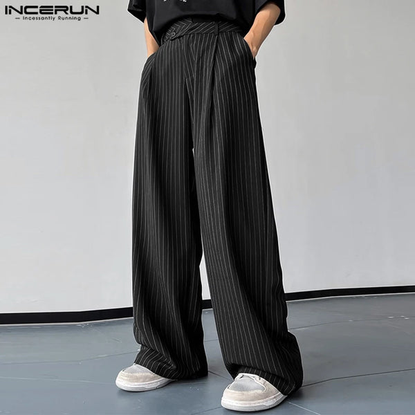 INCERUN 2025 Korean Style New Men Pantalons Fashion High Waist Stripe Long Pants Casual Streetwear Male Straight Trousers S-5XL