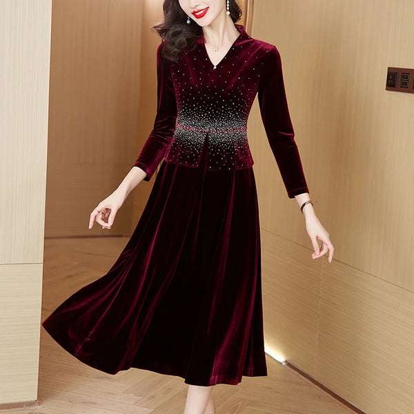 Autumn Winter Red Velvet Patchwork Ruffled Long Dress Fashion Sequins Luxury Female's Dress Vintage Elegant Evening Dresses