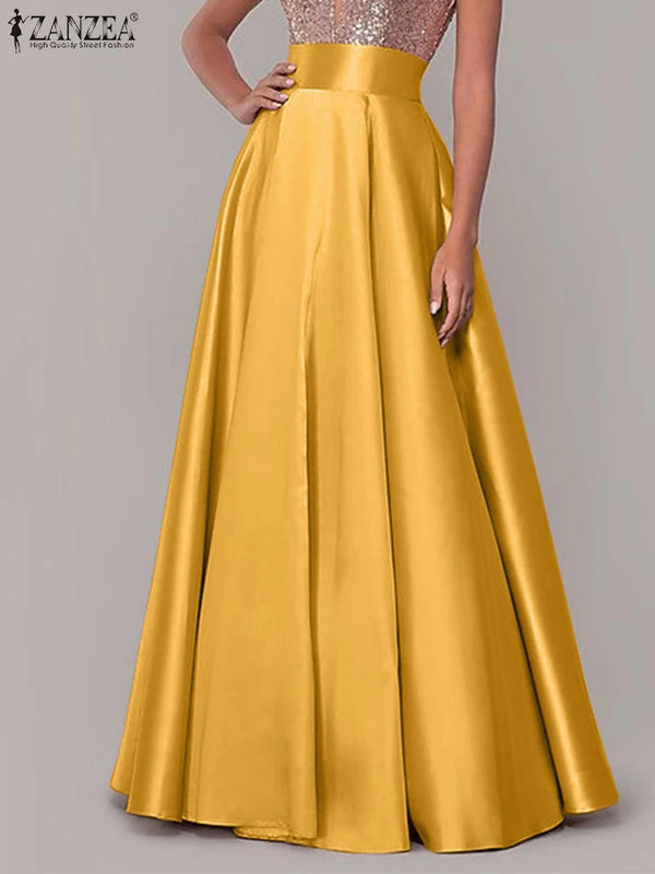 ZANZEA Fashion Satin Skirts Casual High Waist Maxi Vestidos Women Elegant Party Sundress Female A-line Faldas Saia Oversize