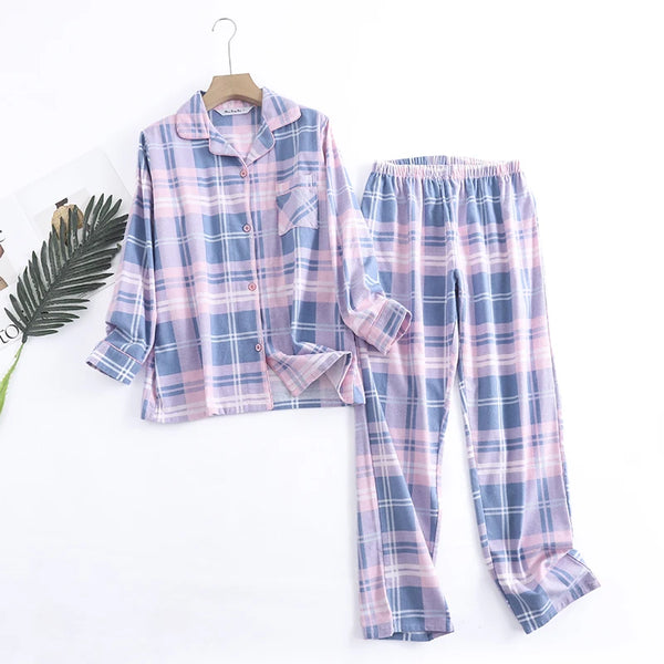 Cotton Flannel Trouser Pajamas Suit For Women Home Wear Printed Loose Autumn and Winter Long Sleeve Top Pijama Pants Pyjama Sets