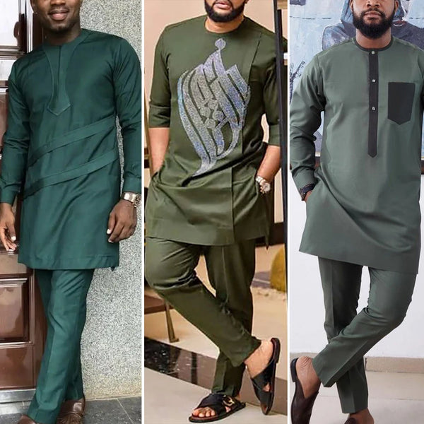 Ramadan Kaftan Elegant Men's Set Long Sleeve Ethnic Top And Pants Full Luxury 2 Pieces Outfits Dashiki Solid Color