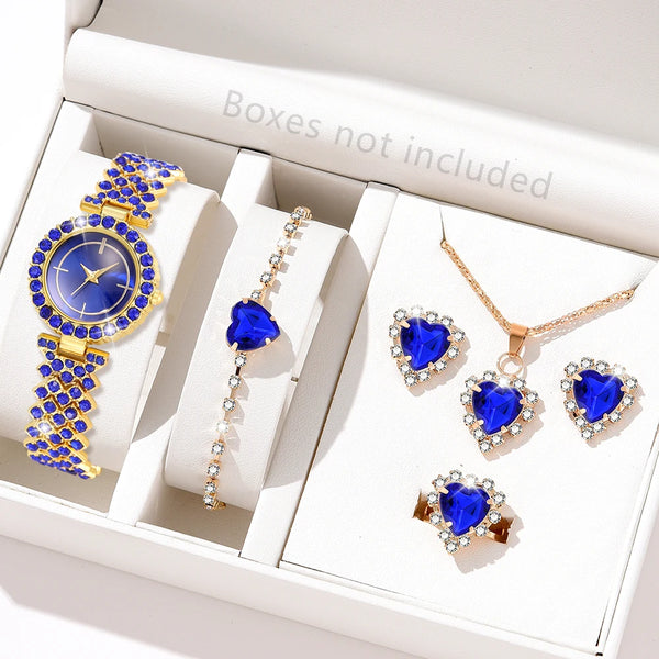 6PCS/Set Women's Blue Alloy Watch Strap Fashionable Rhinestone Quartz Watch Necklace Earrings Jewelry Set