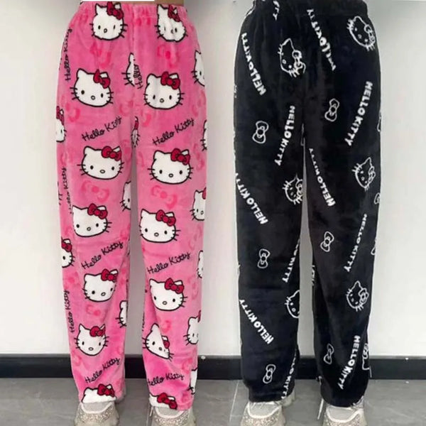 Hellokitty Pajama Pants Y2K Anime Cartoon Kawaii Fashion Casual Flannel Warm Woolen Fall Winter Adults Girls Trousers Home Pants