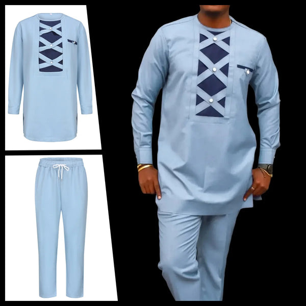 New Men luxury Ramadan two-piece dress Full elegant suit patchwork crew-neck social   style