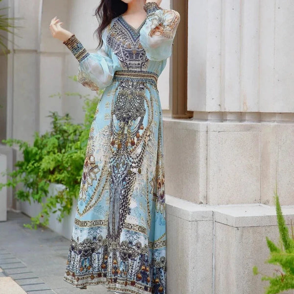 Spring Autumn New V-neck Long Sleeve Fashion Maxi Dress Women High Street Vintage Printing Dresses Elegant All-match Vestidos