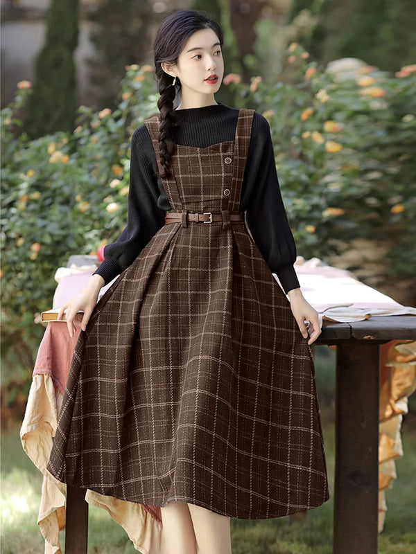 Autumn Winter Plaid Dress Women Spaghetti Strap Woolen Long Dresses With Belt Vintage Party Elegant Vestidos