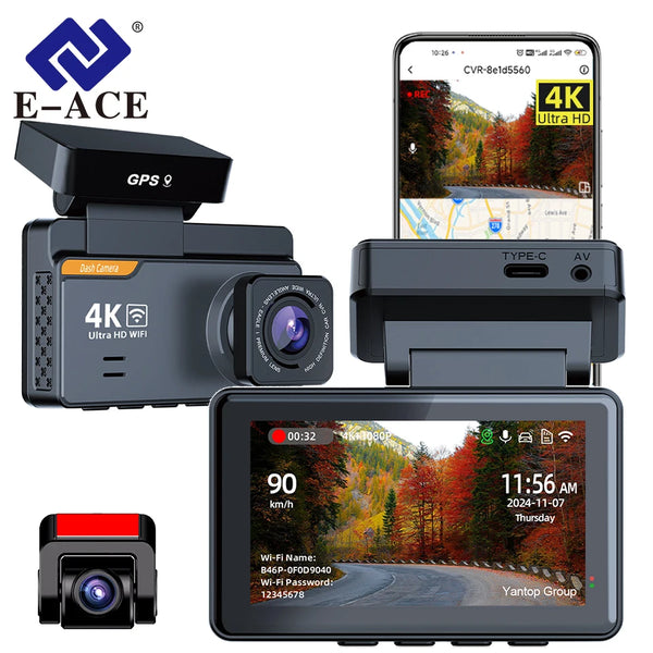 E-ACE Dash Cam 4K 3 Inch Mini Car Dvr Dual Lens With GPS WIFI 24h Parking 1080P Rear View Camera Night Vision Black Box