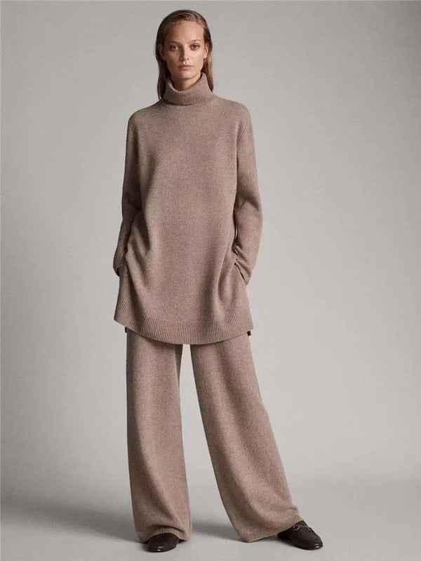 Luxury Two Pieces 45% Cashmere + 30% Wool Suits Female Turtleneck Warm Mink Cashmere Knit Tops +  Wide Leg Wool Pant Sets