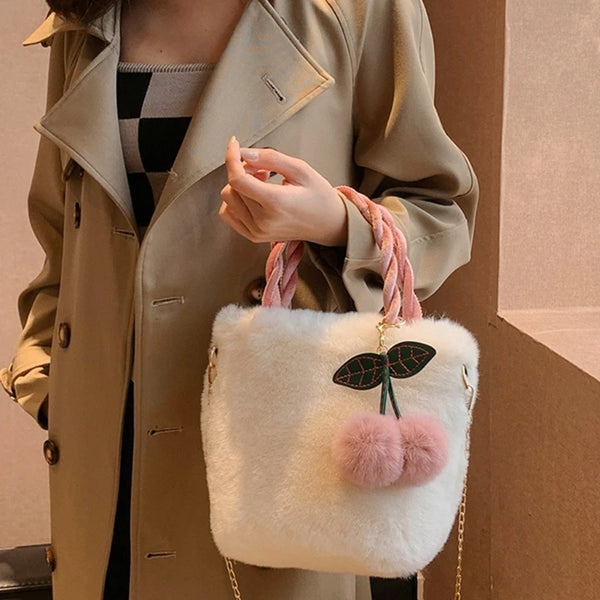 Cute Cherry Plush Bag Handbag Korean INS Autumn Winter Versatile Shoulder Bag Fashion Plush Crossbody Bag Ladies Chain Bag