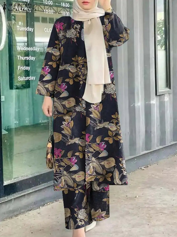 ZANZEA Vintage Women Long Sleeve Blouse Pant Sets 2PCS Floral Printed Loose Outifits Retro Casual Trouser Suit Muslim Tracksuits