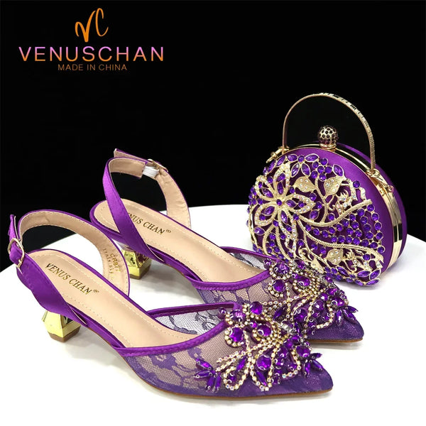 Venus Chan 2025 Latest Shoe and Bag Set Lace Mesh Design Women's Mid-heel Rhinestone Mini Bag for Party Wedding