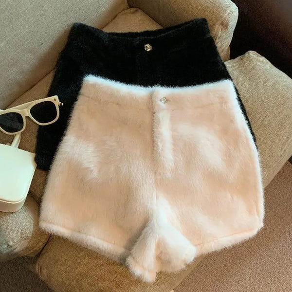 White Faux Mink Velvet Short Women 2025 Autumn Winter Thickened Warm Plush OuterWear Boot Pants High Waist Casual Wide Leg Pants