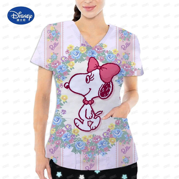 Medical Blouse Clinic Hospital Workwear Healthcare Nurse Snoopy Print Uniform Carer Working Short Sleeve Tops Women T-shirt Nurs