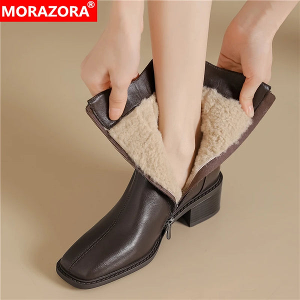 MORAZORA 2025 New Real Leather Women Boots Zipper Thick Fur Warm Winter Boots Fashion Square Toe Chunky Heels Ankle Snow Booties