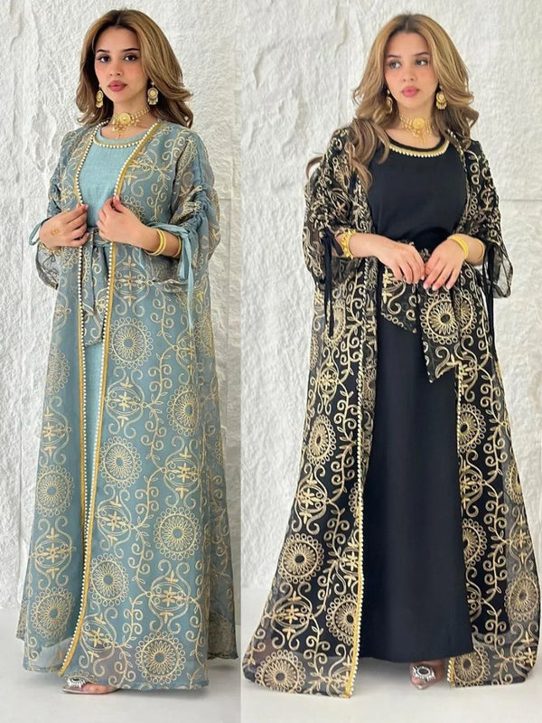 Eid Muslim Abayas for Women Party 2 Piece Set Embroidery Cardigan Robe Lace Up Dress Morocco Kaftan Islam Ramadan Dubai Vestidos