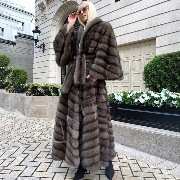 Genuine Fox Fur Outertwear New Straight Long Sleeve Sable Color Natural Fox Fur Coat Lady Spring Luxury Real Fur Coat