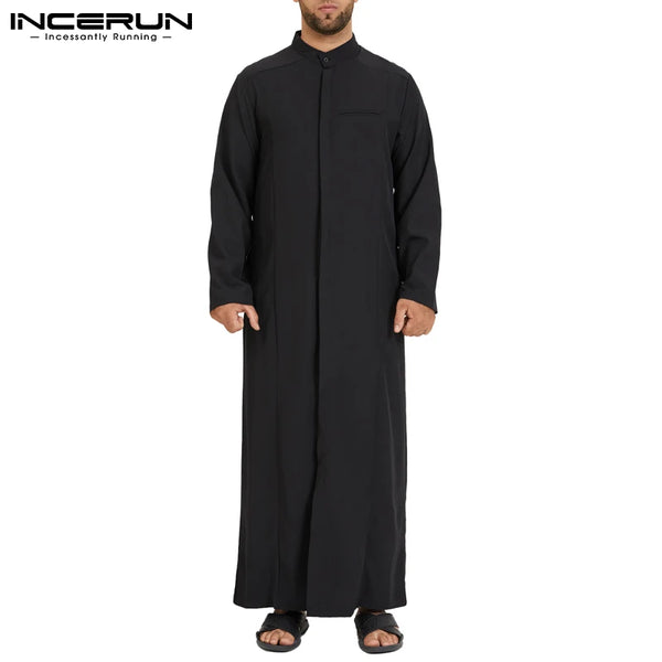 INCERUN 2025 New Men Muslim Fashion Clothes Solid Jubba Thobe Long Sleeve Stand Collar Pockets Robes Islamic Arabic Kaftan S-5XL