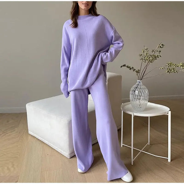 Split Turtleneck Women Sweater Suit Winter Solid Loose Casual Wide Leg Pants Female Two Piece Set Elegant Knit Tops Outfits