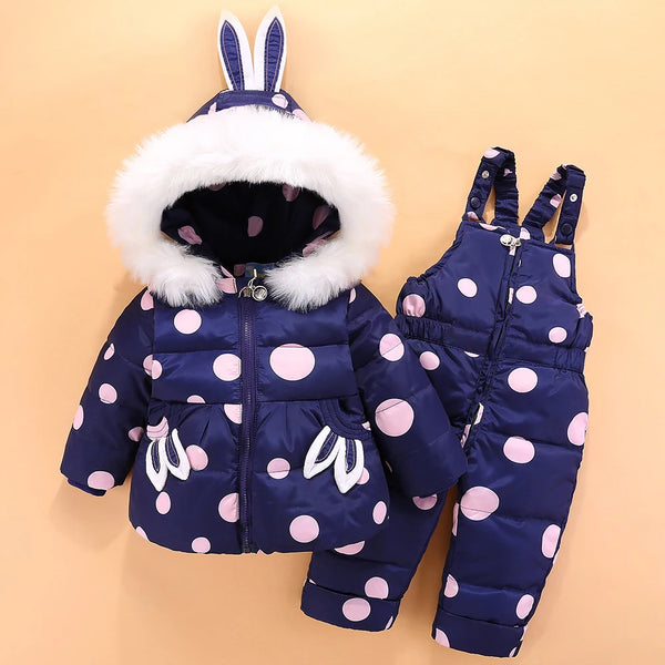 OLEKID 2024 Baby Girls Winter Down Snowsuit Cartoon Rabbit Jacket Coat Overalls Infant Girls Clothes Set 1-4 Years Toddler Suit