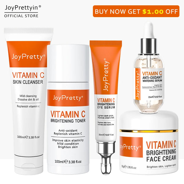 JoyPretty Vitamin C Skin Care Set Face Whitening Dark Spots Cream Serum Gentle Cleaning Deep Moisturizing Pore Shrinkle Skincare