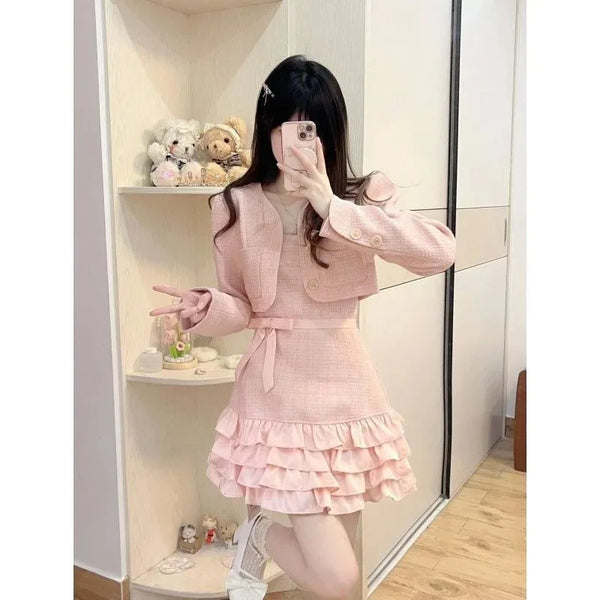 1&Only Korean Sweet V-neck Coat Strap Cake Dress Two Piece Set Women Fashion Flounce Splice Bow Solid Slim Chic Celebrity Spring Suit