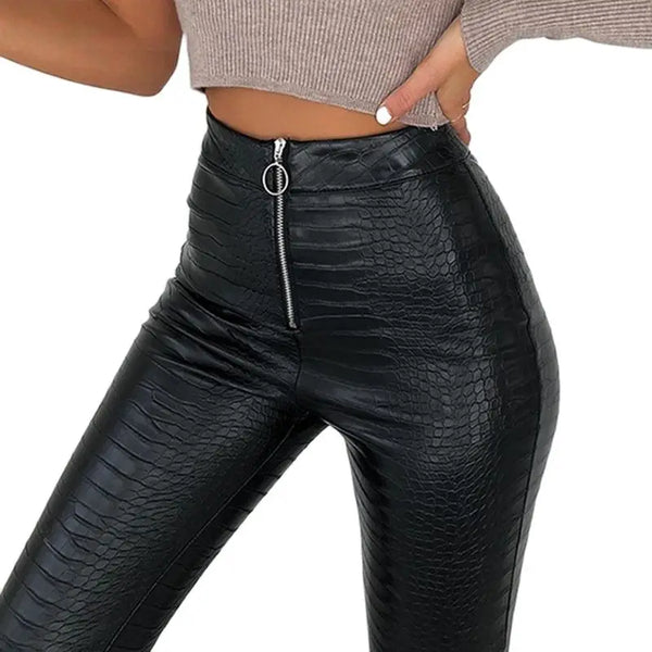 Crocod Pattern Leather Pants Women High-waist Casual Pants Autumn Winter Black Zipper-up PU Leather Tights Pencil Trousers