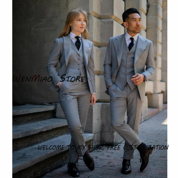 Formal Business Women's & Men's Suits 3 Piece Dark Grey Blazer Pants Vest Point Lapel Groom Tuxedo Office Jacket Set