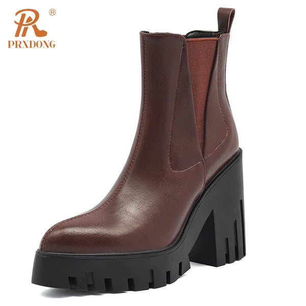 PRXDONG 2025 Genuine Leather Women's Ankle Boots High heels Thick Platform Rome Black Brown Dress Party Lady Shoes Size 34-39