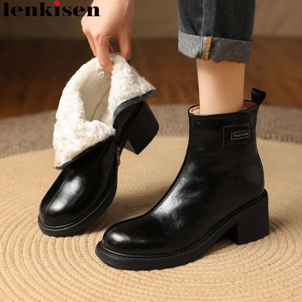 Lenkisen Cold-resistant Wool Cow Leather Round Toe High Heels Snow Boots Warm Winter Shoes Casual Dress Brand Women Ankle Boots