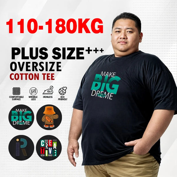 Mens T Shirts Printed Tee Plus Size 110-175kg 7XL Cotton Black T-shirt Round Neck Short Sleeve Oversized Tops Big Men Clothing