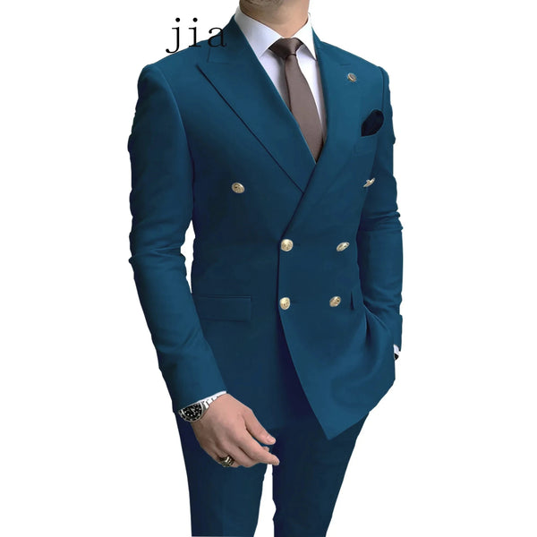 Casual Sky Blue Men Suits Double Brested Peak Lapel  Gold Button Groom Wedding Tuxedos Best 2 Pcs Blazers Jacket Pants Set