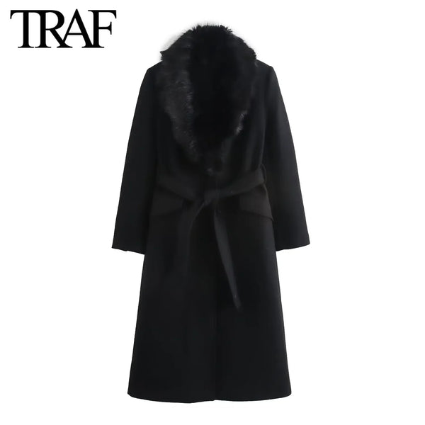 TRAF Woolen Overcoat for Women Fashion Autumn Winter New Black Warm Long Sleeved Fack Fur Collar Belt Long Coats Jacket Mujer