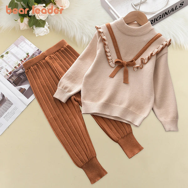 Bear Leader Baby Girls Autumn Winter Fashion Bow Knitted Thick Clothes Sets Kids Long Sleeve Sweater Pants Set Baby Girl Outfit