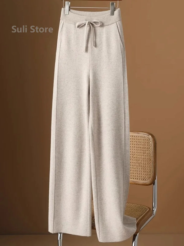 High Waist Knit Wool Wide-Leg Pants Woolen Pants Women Autumn and Winter Leisure Loose Straight Drooping Grandma Mop Trousers