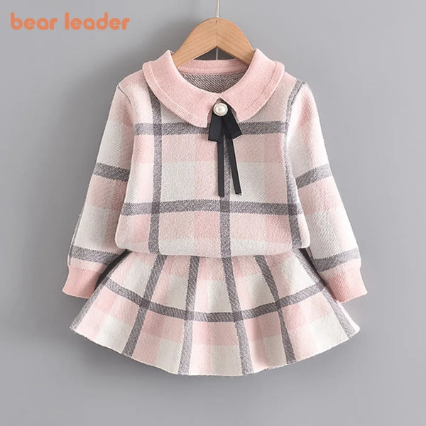 Bear Leader Winter Princess Outfits Girls Plaid Cute Clothing Sets Fashion Kids Baby Knitted Sweaters with Bow Ruffles Skirt