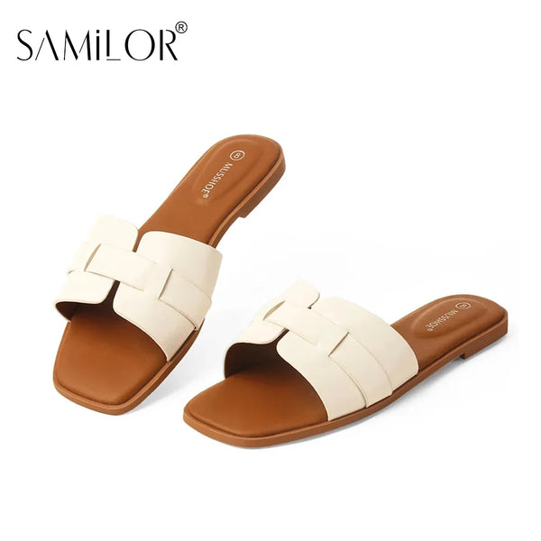 Samilor Womens Sandals Square Toe Flat Slippers Women Wide Fit Leather Slides Dressy Summer Shoes Outdoor Daily Casual Shoes