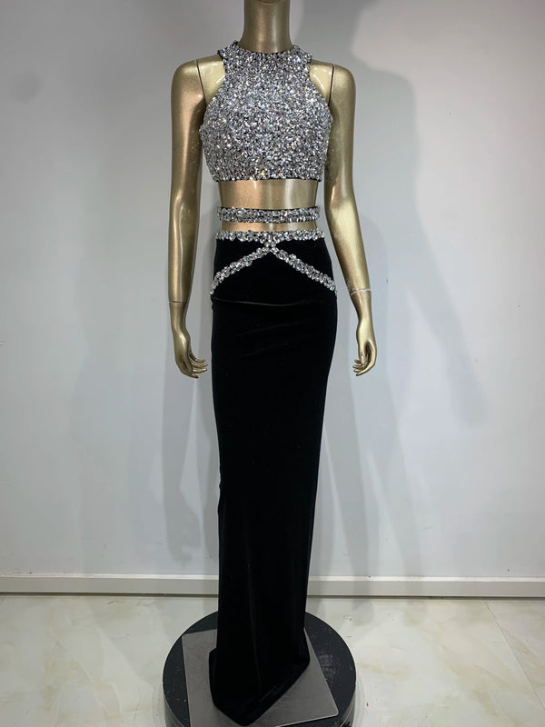 1&Only STOCK Sparkly Rhinestone Two-piece Set Women 2025 Sexy Velvet Singer Nightclub Outfit Celebrate Birthday Elegant Party Dresses