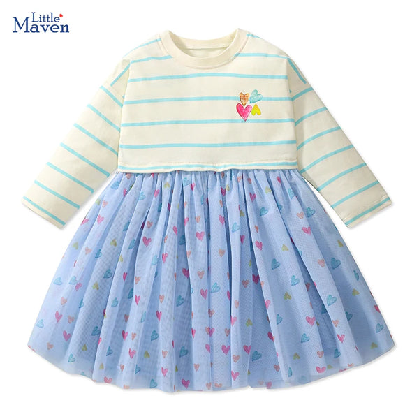 Little maven Kids Clothes Children's Clothing Baby Girls 2025 Autumn Cotton Long Sleeves Cartoon Hearts Princess Mesh Dresses