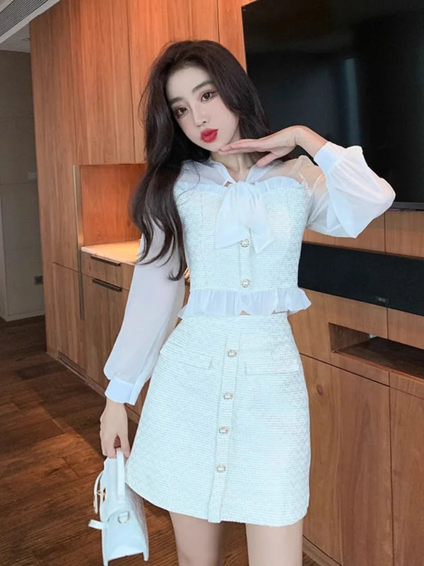 Elegant Commuter Suit Autumn New French Lace-Up Bow Chiffon Ruffle Edge Splicing Shirt+High Waist A-Line Skirt 2-Piece Set Women