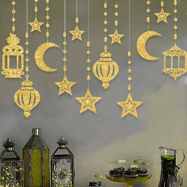 EID Mubarak Swirl Banner Star Moon Ceiling Hanging Ornament Ramadan Kareem Decoration for Home 2025 Islam Muslim Party Supplies