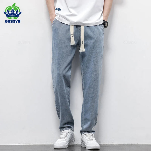 Autumn Winter Men's Jeans Cotton Soft Drawstring Straight Pants Elastic Waist Vintage Korea Casual Trousers Male Plus Size S-5XL