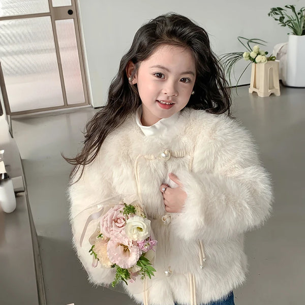 Little Girl Pink Faux Fur Jacket Coat Warm Winter Autumn Thick Fleece Outwear Fashion Kids Plush Outerwear Toddler Child Clothes