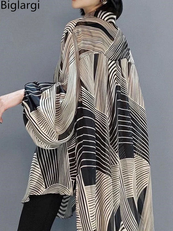 Oversized Striped Chiffon Summer Shirt Women Blouse 2025 Holiday Style Ladies Casual Sunscreen Loose Large Shirts 4XL Tops