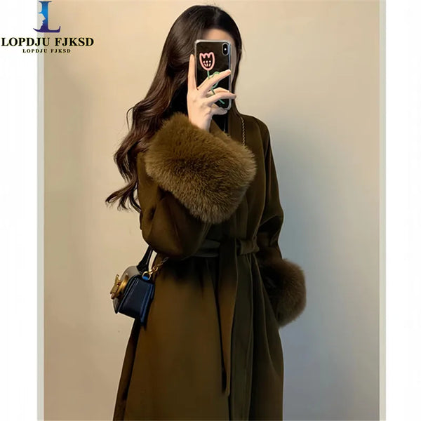 French Wool Coat for Women, Faux Fox Fur Cuffs, Adjustable Waist, Elegant Female Cashmere Jacket, High Quality, Autumn Winter