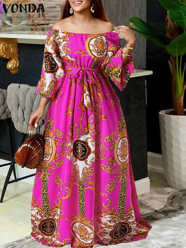 VONDA Women Printed Party Dress 2024 Sexy Off Shoulder Long Lantern Sleeve Bohemian Sundress Belted Vintage Maxi Robe Oversized