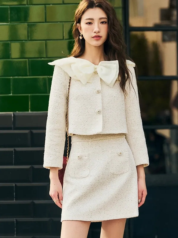 High Quality French Vintage Small Fragrance Tweed Two Piece Set Women Short Jacket Coat + Skirt Suits Y2K Fashion 2 Piece Outfit