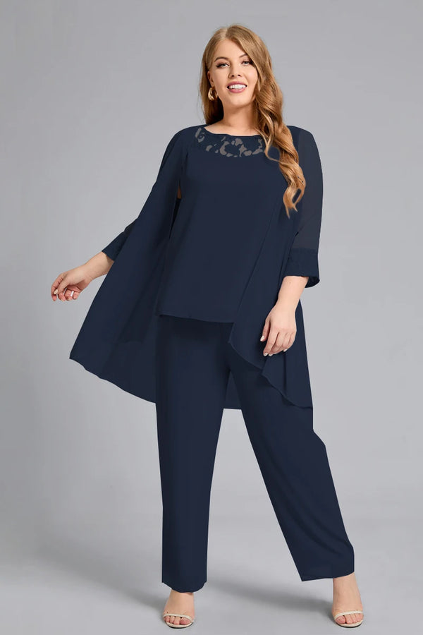 Plus Size Mother of The Bride Sequins Mesh Three Pieces Set Pant Suits Chiffon Casual Matching Set Elegant Basic Outfit Set