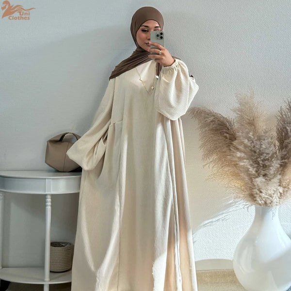 Dubai Corduroy Abaya for Muslim Women Eid Ramadan Modest Dress Loose Large Elegant Gown Islam Clothing Turkey Solid Robe