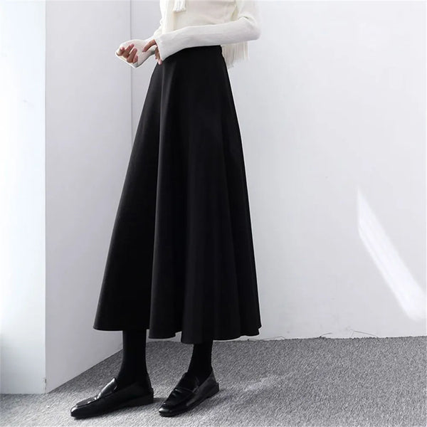 Winter Long Woolen Skirt Women Fashion High Waist Basic Wool Skirts Female Casual Thick Warm Black Elastic A-Line Maxi Skirts